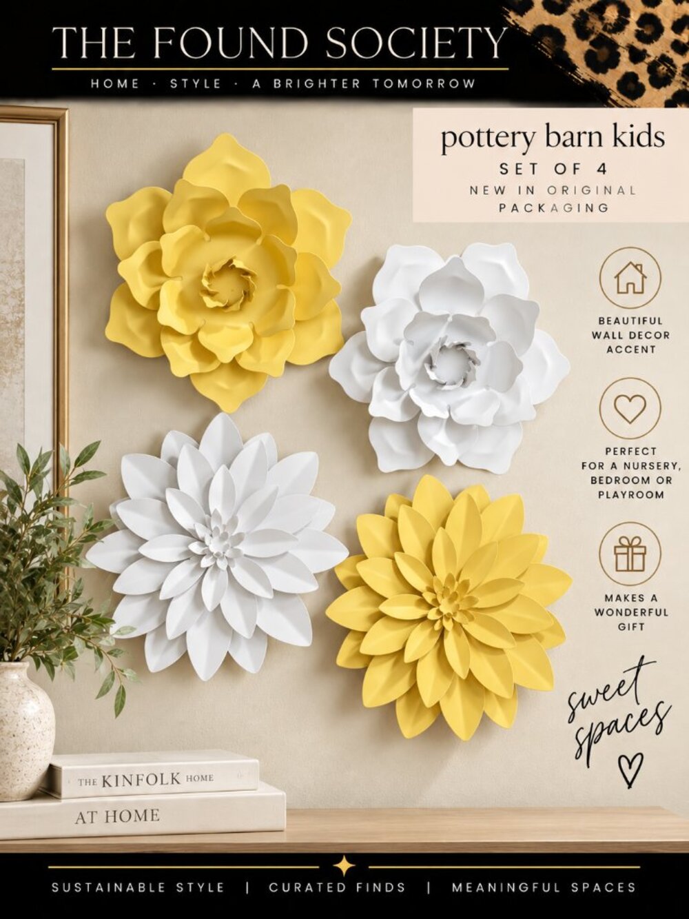 Pottery Barn Kids Metal Flower Wall Decor Set of 4 White Yellow New